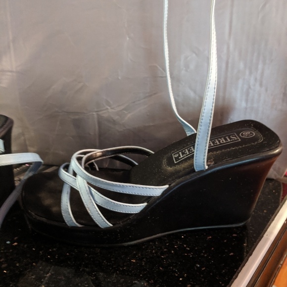 Street Feet strap tie up light blue satin wedge - Picture 1 of 4